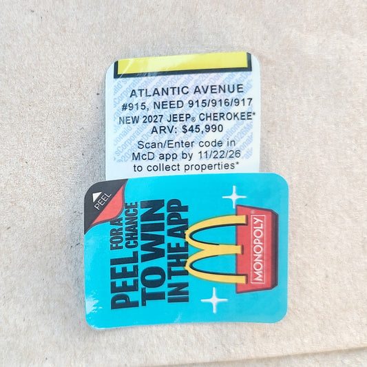 2026 McDonald's Monopoly Game Piece - Yellow Atlantic Avenue #915 (UNREDEEMED)
