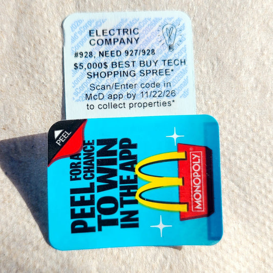 2026 McDonald's Monopoly Game Piece -  Electric Company #928 (Unredeemed)