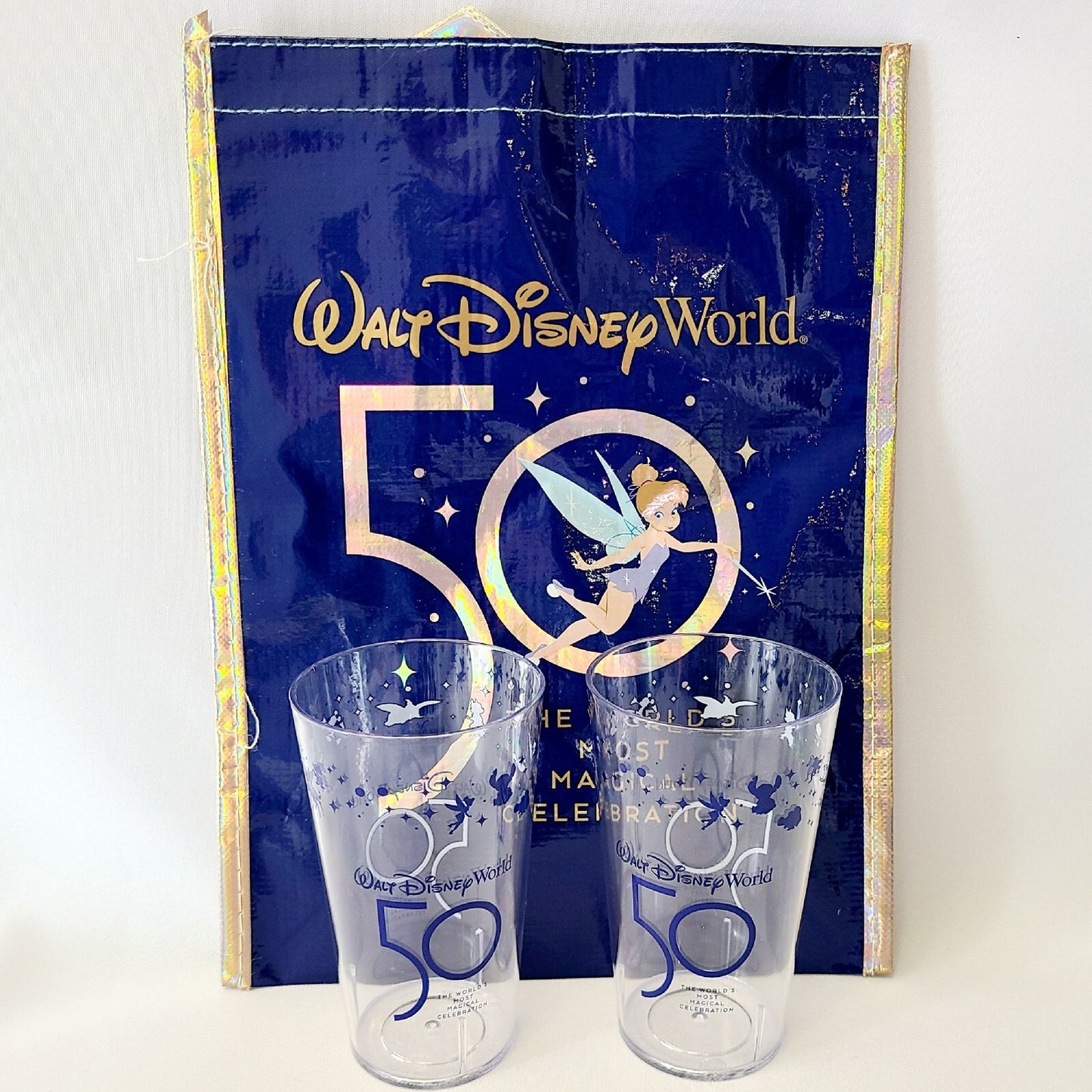 Set Of 2 Walt Disney World 50th Anniversary Clear Plastic Cup Blue Letters + Bag