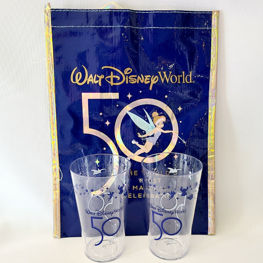 Set Of 2 Walt Disney World 50th Anniversary Clear Plastic Cup Blue Letters + Bag