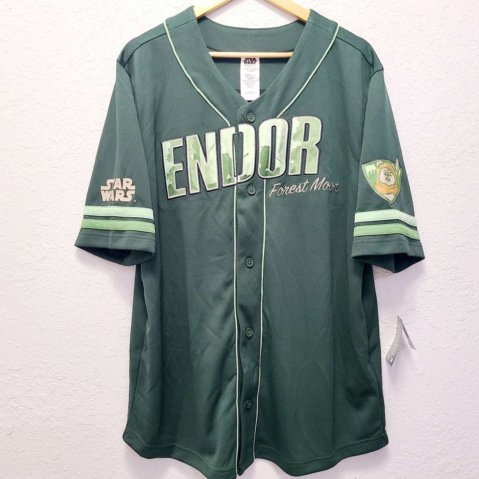 LARGE Disney Parks Star Wars ENDOR 83 Ewok Adult Baseball Jersey Button Shirt