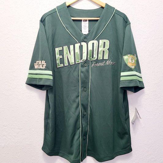 LARGE Disney Parks Star Wars ENDOR 83 Ewok Adult Baseball Jersey Button Shirt