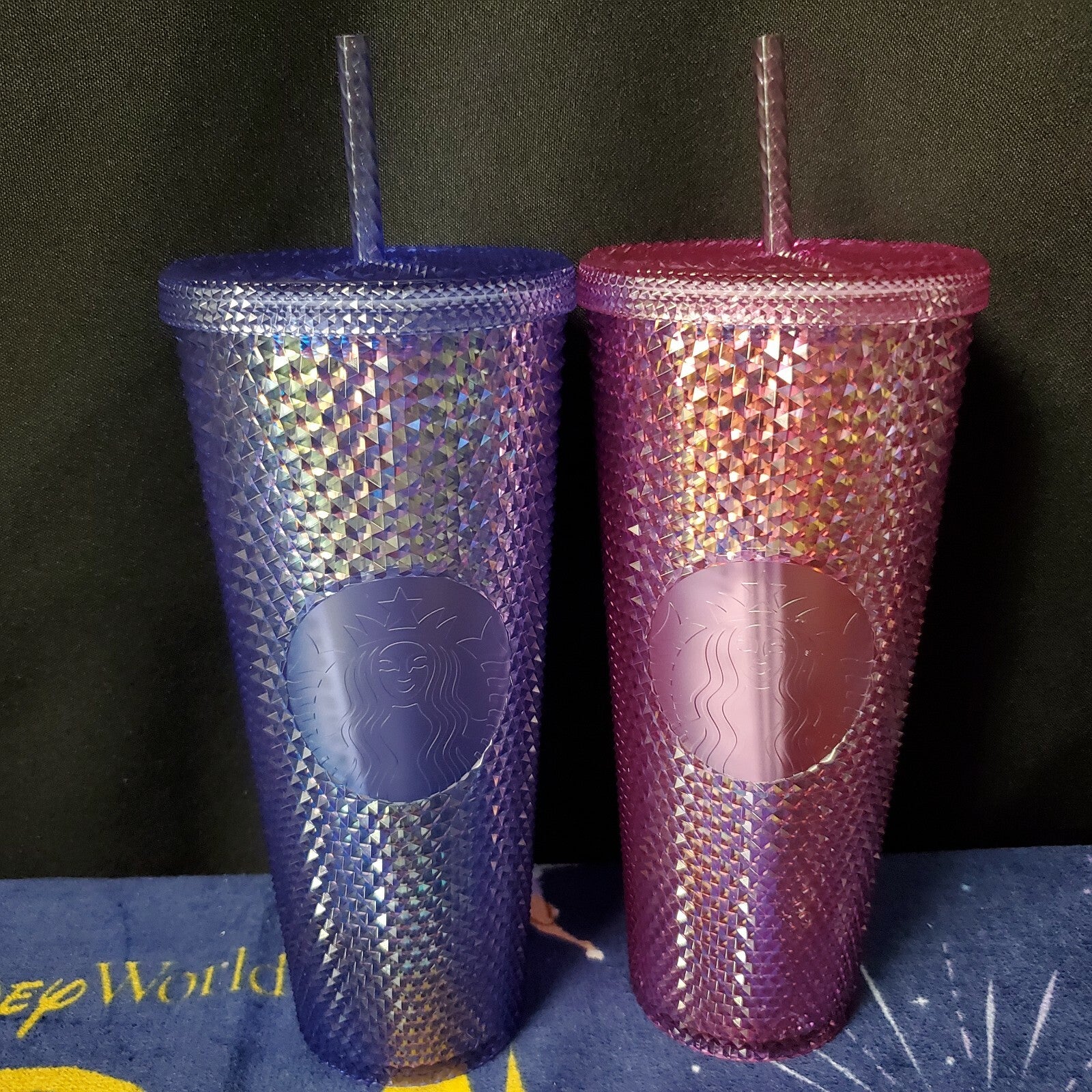 Pink Blue 2022 Disney World 50th Iridescent Starbucks Studded Tumbler Set Bling