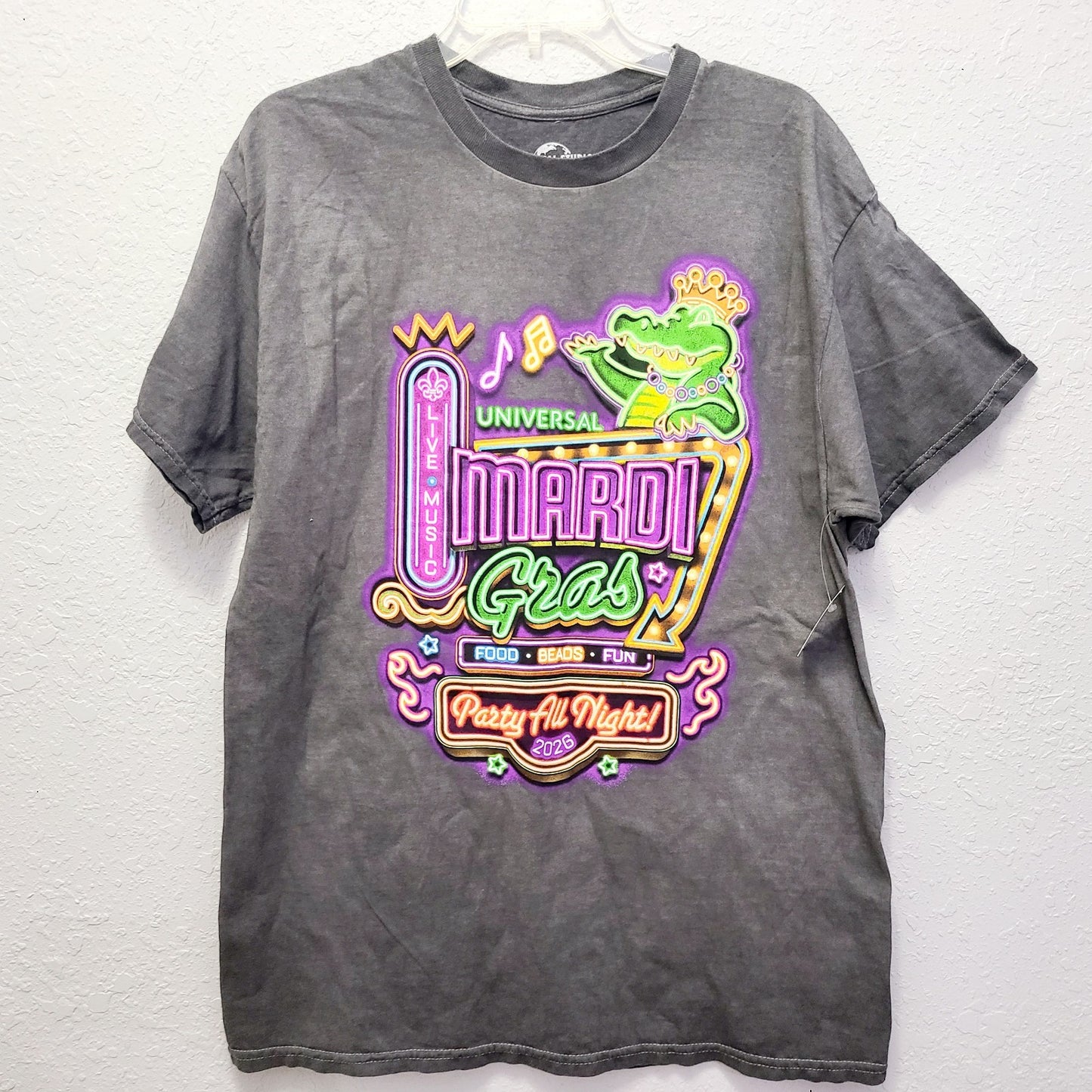 LARGE 2026 Universal Studios Mardi Gras King Gator T-Shirt Party All Night NEW