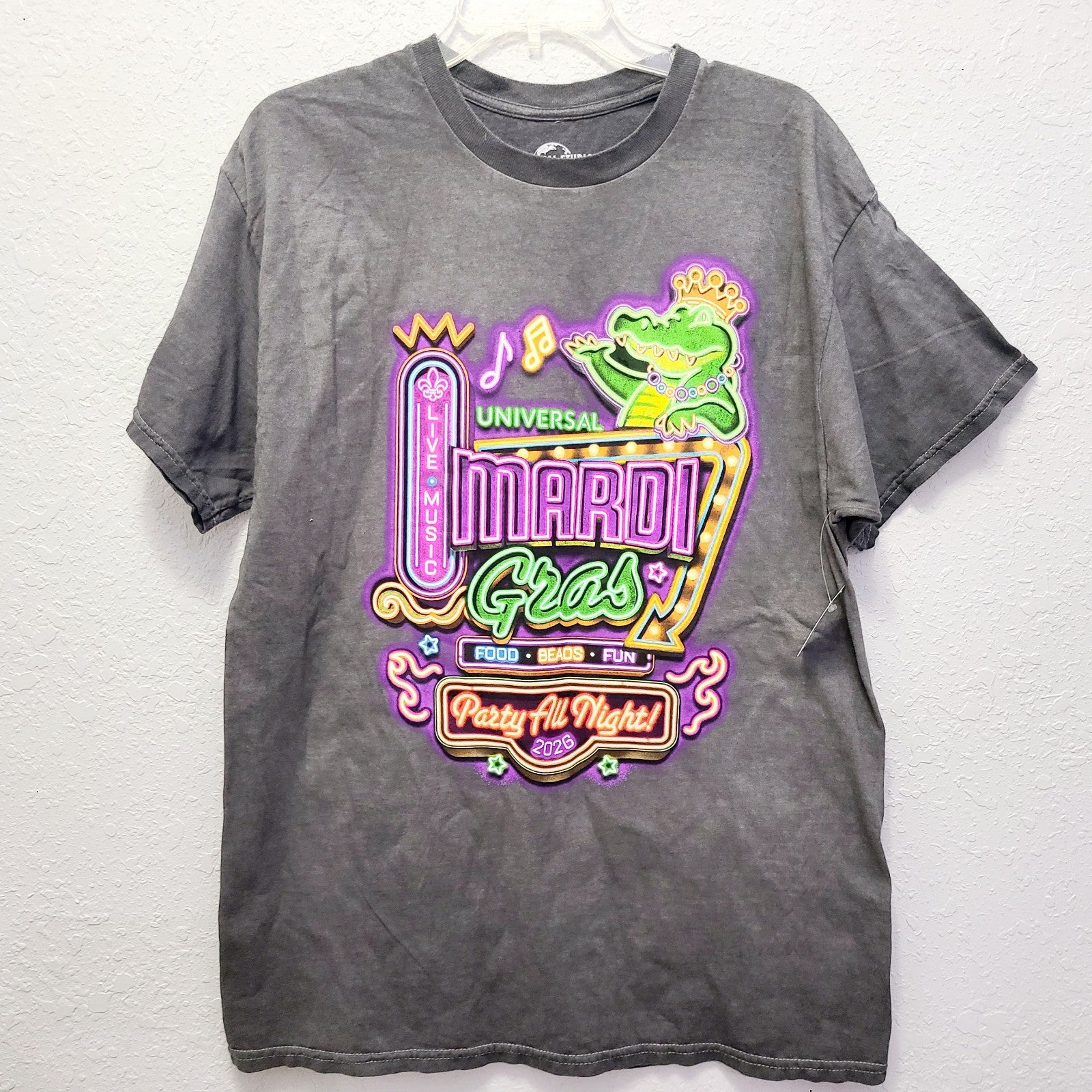 LARGE 2026 Universal Studios Mardi Gras King Gator T-Shirt Party All Night NEW
