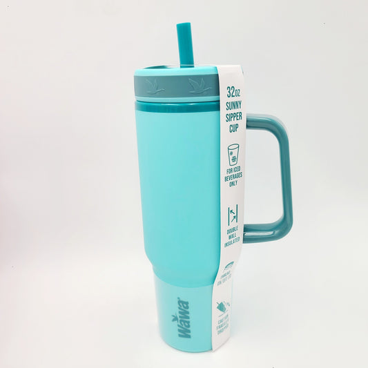 Wawa Tumbler Mug w/Handle & Straw 32 Oz ICED BEVERAGE Sunny Sipper Cup Teal NEW