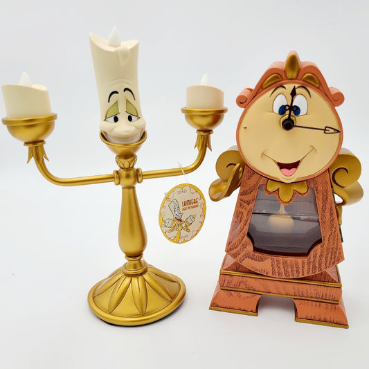 Special Disney Parks Beauty & Beast Cogsworth Clock Lumiere Light Up Figure Set