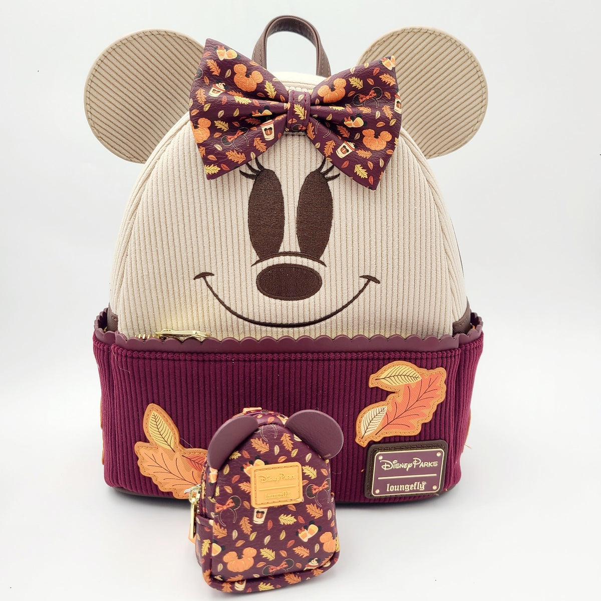 2026 Disney Parks Loungefly Minnie Fall Autumn Corduroy Mini Backpack & Keychain