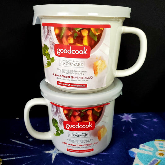 (2) Good Cook Vented Soup Mugs 20oz White Vent Microwave Oven Freezer Safe NEW
