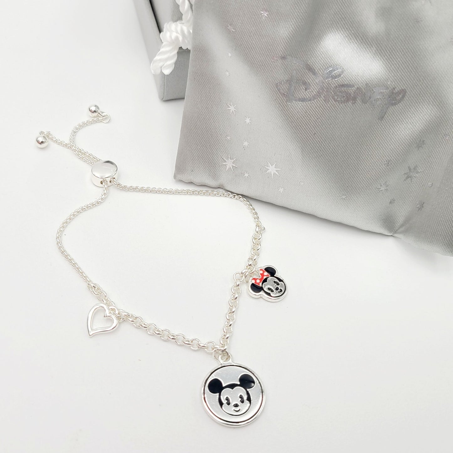 HTF Disney Mickey Minnie Mouse Charm Adjustable Bolo Bracelet Emoji-Style Heart