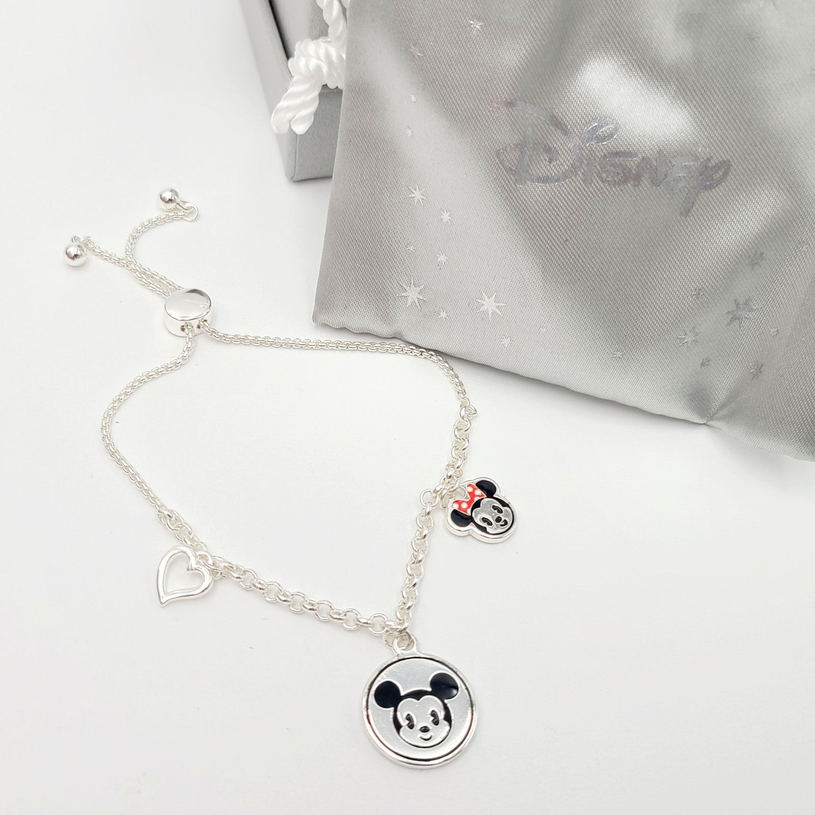 HTF Disney Mickey Minnie Mouse Charm Adjustable Bolo Bracelet Emoji-Style Heart