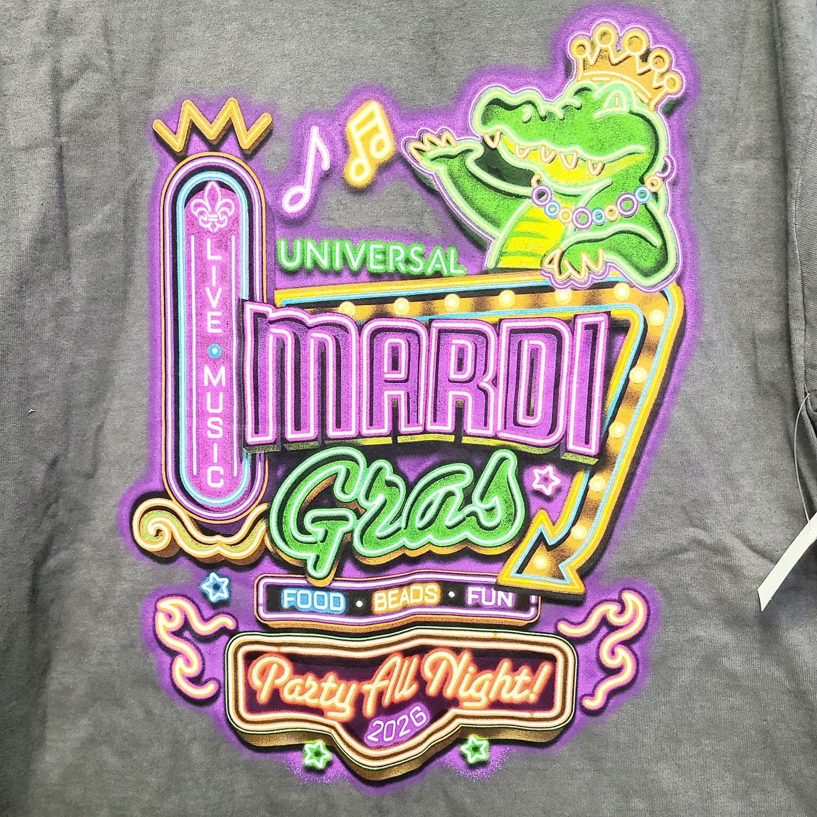 LARGE 2026 Universal Studios Mardi Gras King Gator T-Shirt Party All Night NEW