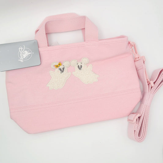 2025 Disney Parks Halloween Ghost Mickey Minnie Mouse Pink Canvas Small Tote Bag