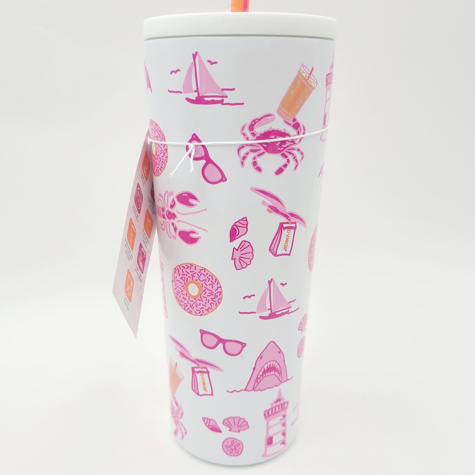 RARE Dunkin’ Donuts Coffee Summer 2026 TUMBLER White w/Straw Pink Crab Shark NWT