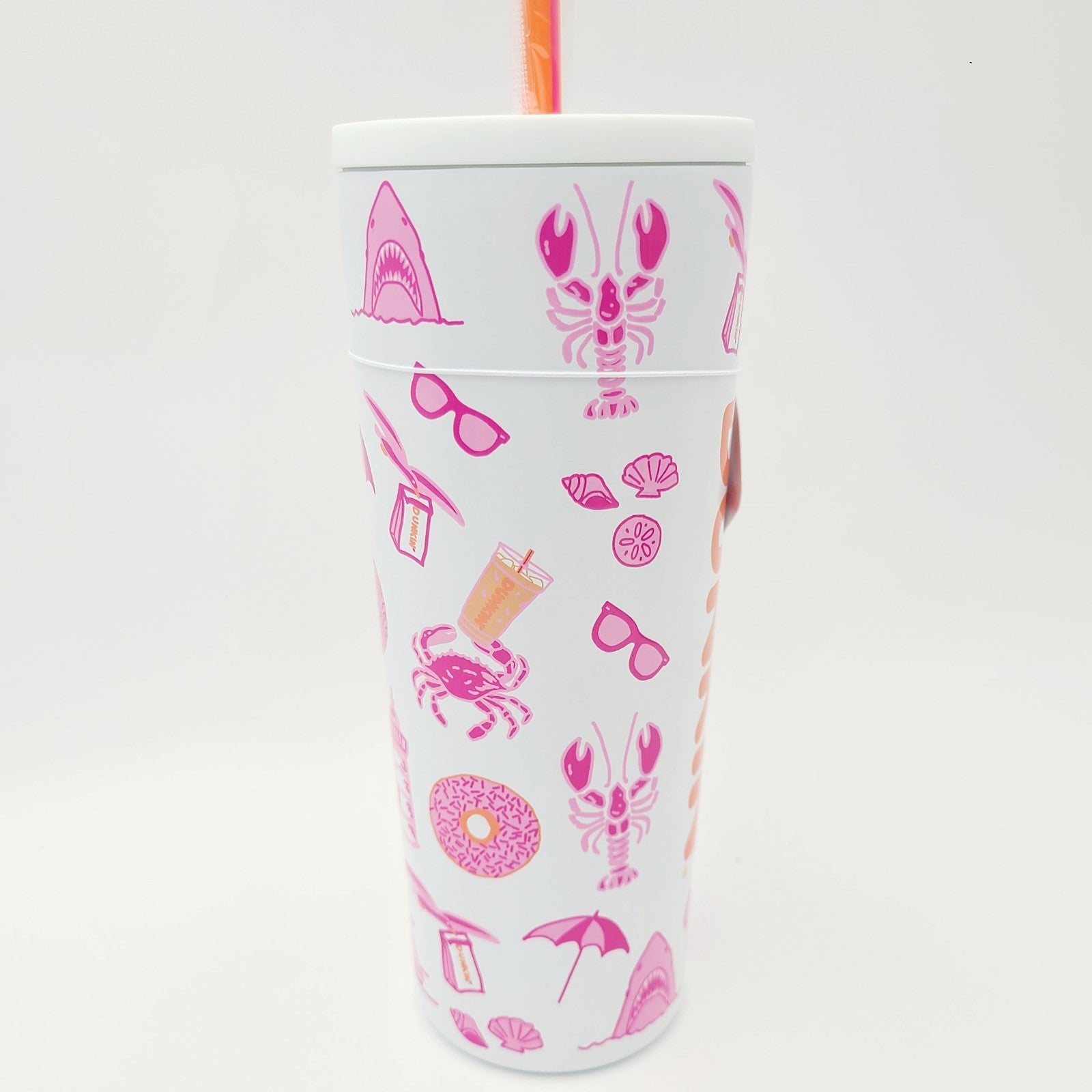 RARE Dunkin’ Donuts Coffee Summer 2026 TUMBLER White w/Straw Pink Crab Shark NWT