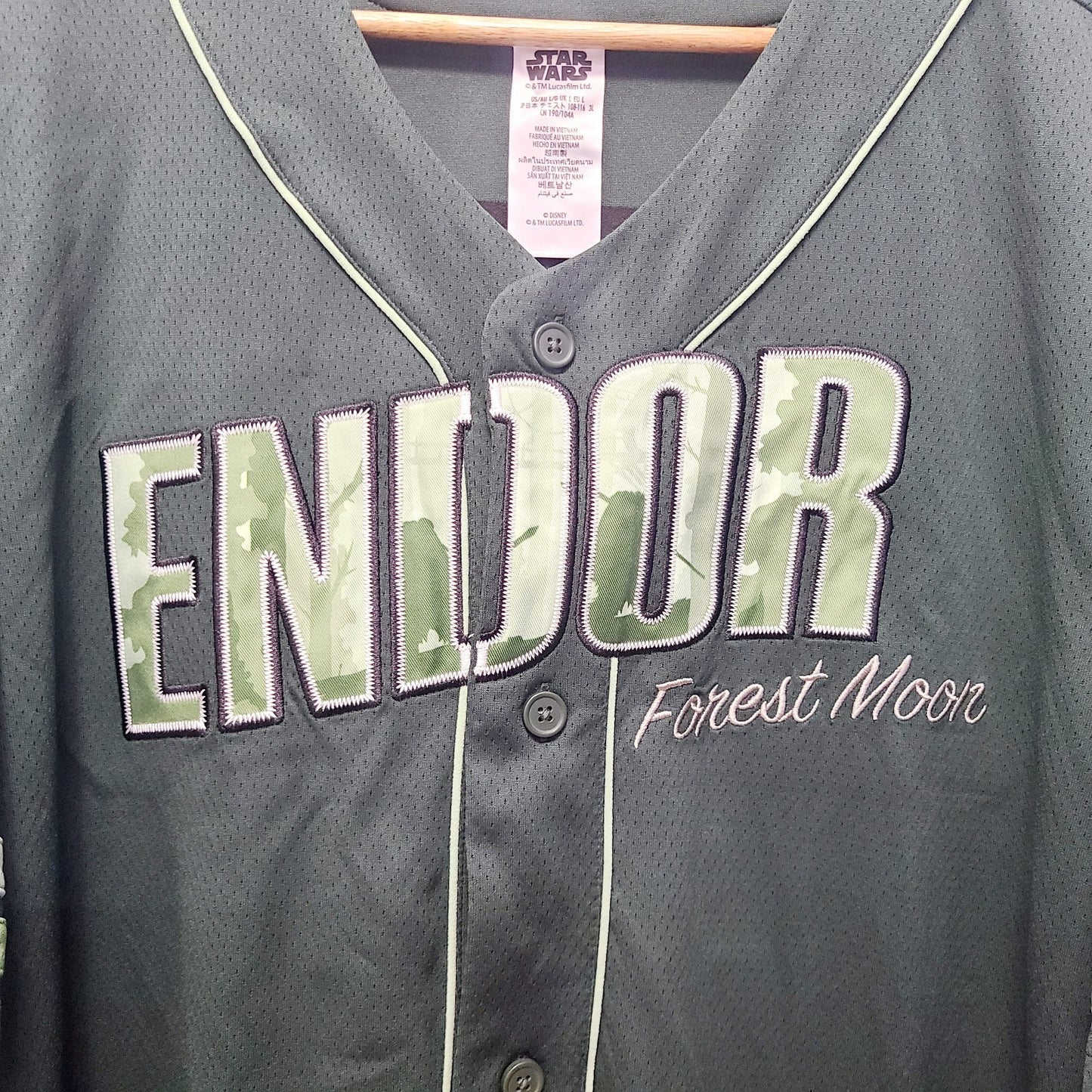 LARGE Disney Parks Star Wars ENDOR 83 Ewok Adult Baseball Jersey Button Shirt