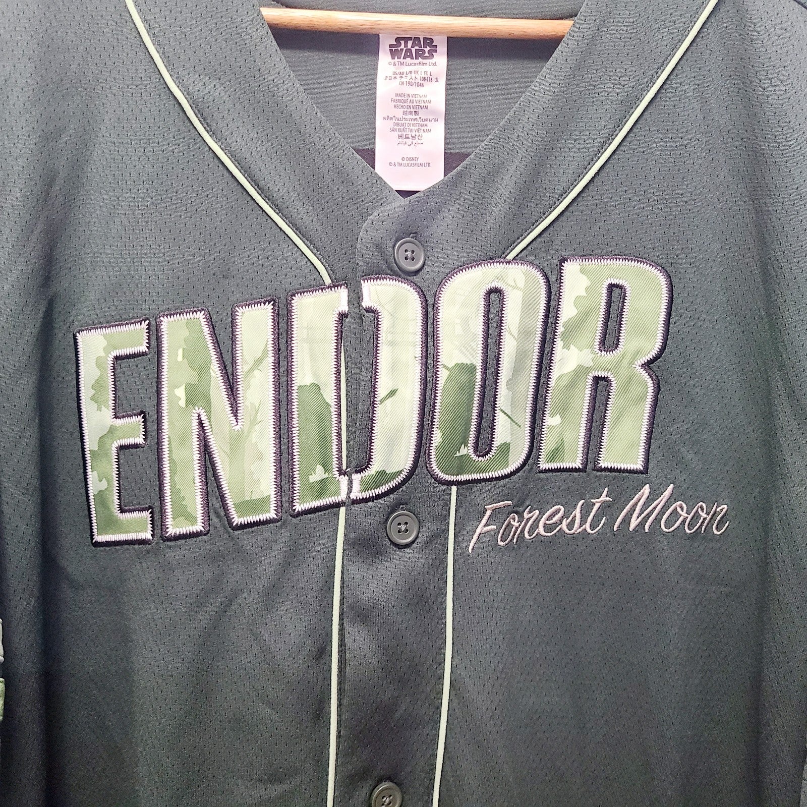 LARGE Disney Parks Star Wars ENDOR 83 Ewok Adult Baseball Jersey Button Shirt
