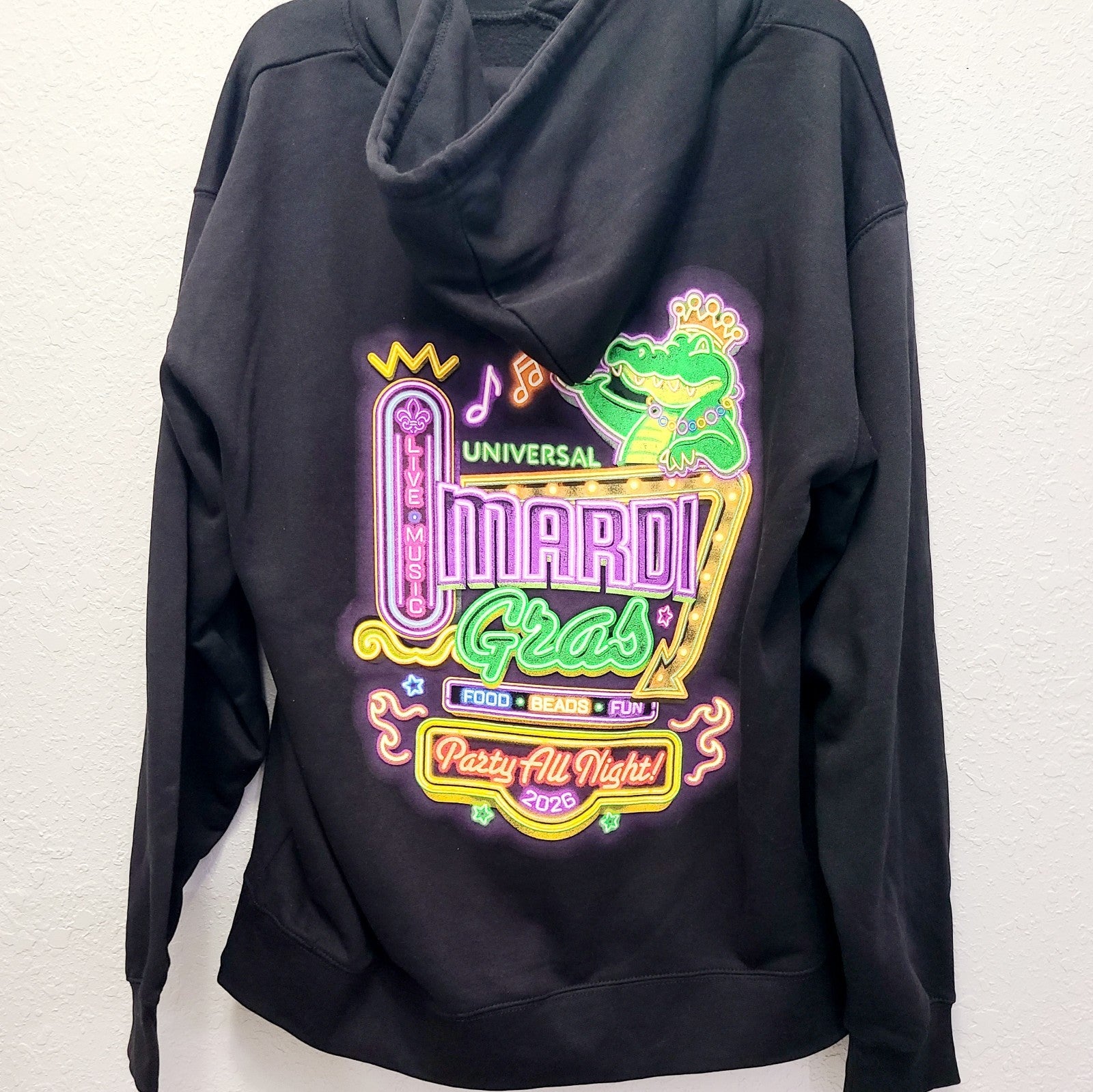 LARGE 2026 Universal Studios Mardi Gras King Gator Pull Over Hoodie Sweatshirt