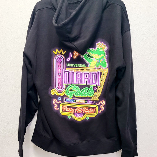 LARGE 2026 Universal Studios Mardi Gras King Gator Pull Over Hoodie Sweatshirt