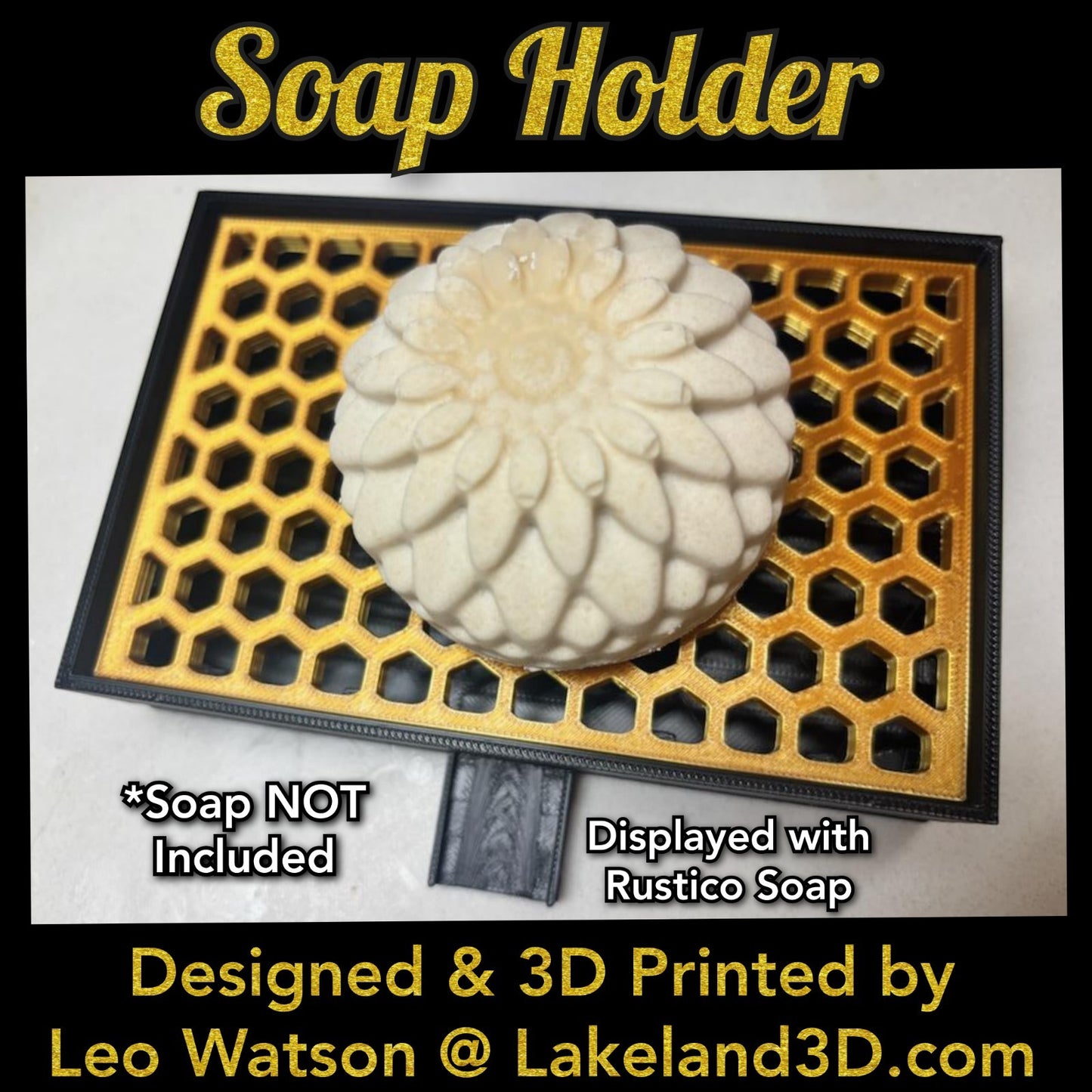 Soap Holder w/ Spout 3D Printed Black & Gold Decor Gift Decoration Lakeland3D