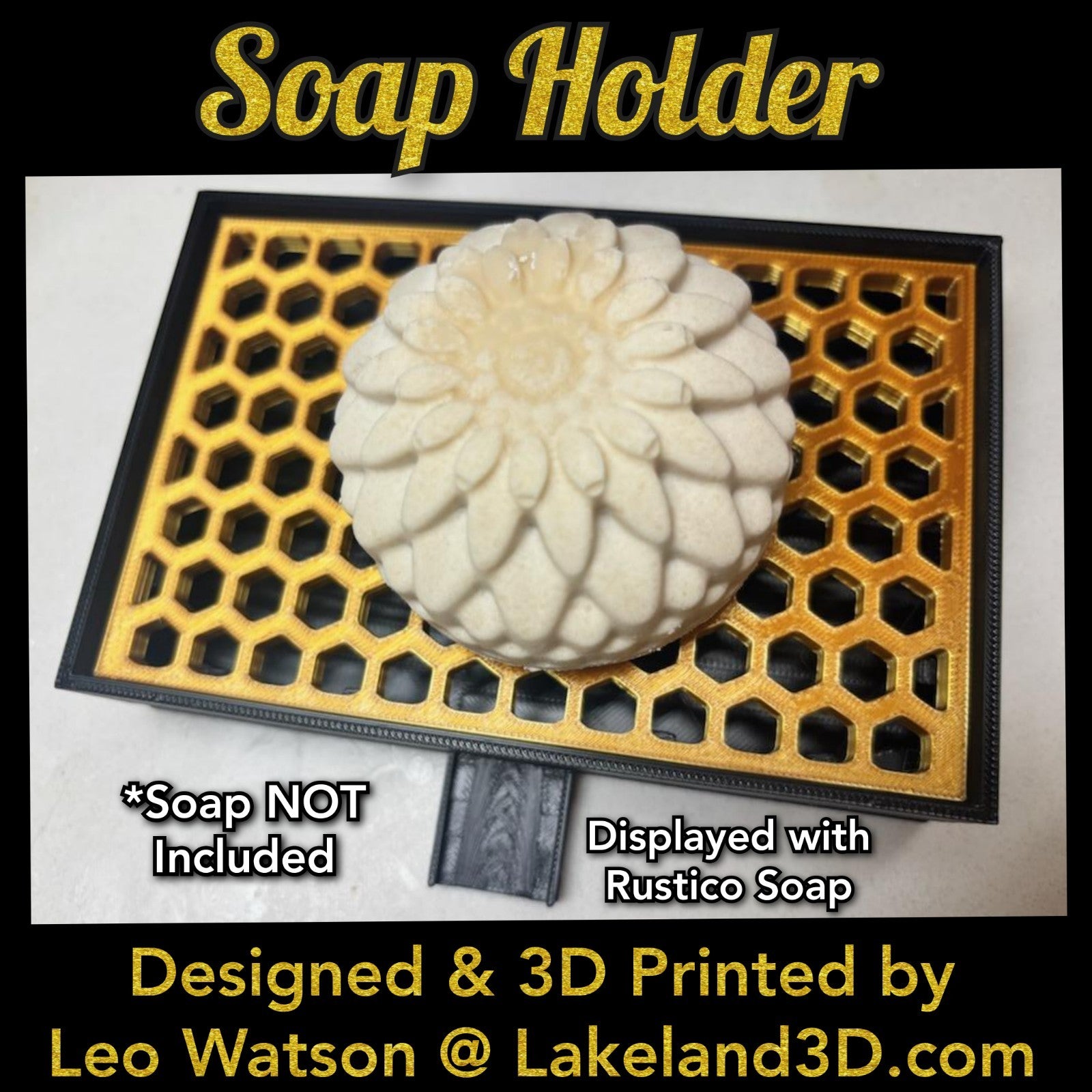 Soap Holder w/ Spout 3D Printed Black & Gold Decor Gift Decoration Lakeland3D