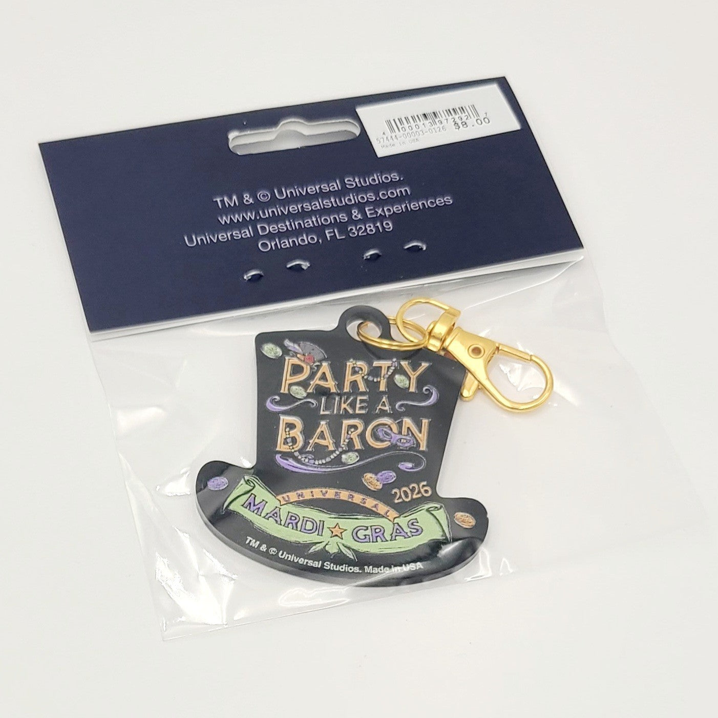 2026 Universal Studios Mardi Gras Bead Medallion Keychain Party Like A Baron NEW