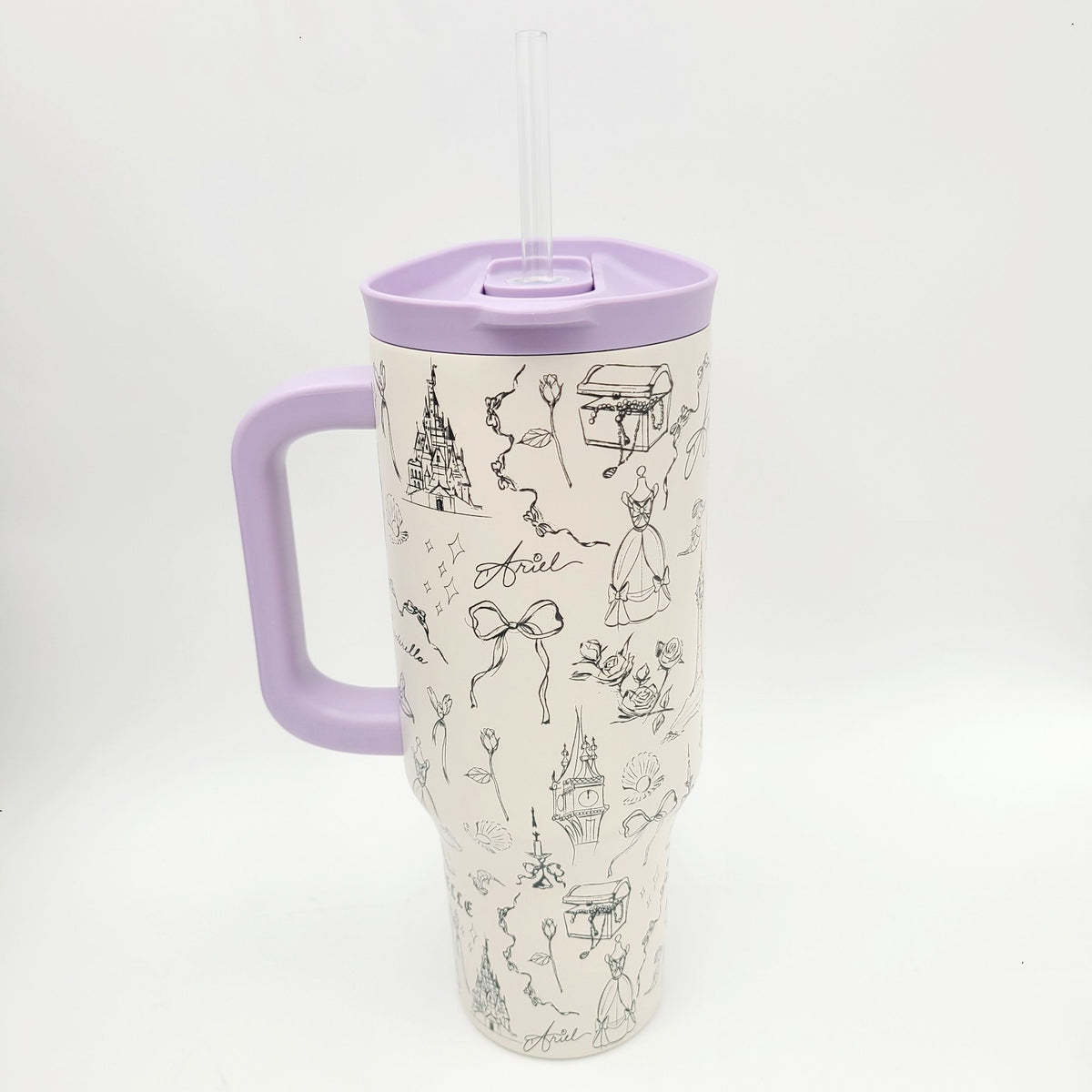 Disney Parks Princess Travel Tumbler Belle Ariel Castle Slipper W/ Straw 40 OZ.