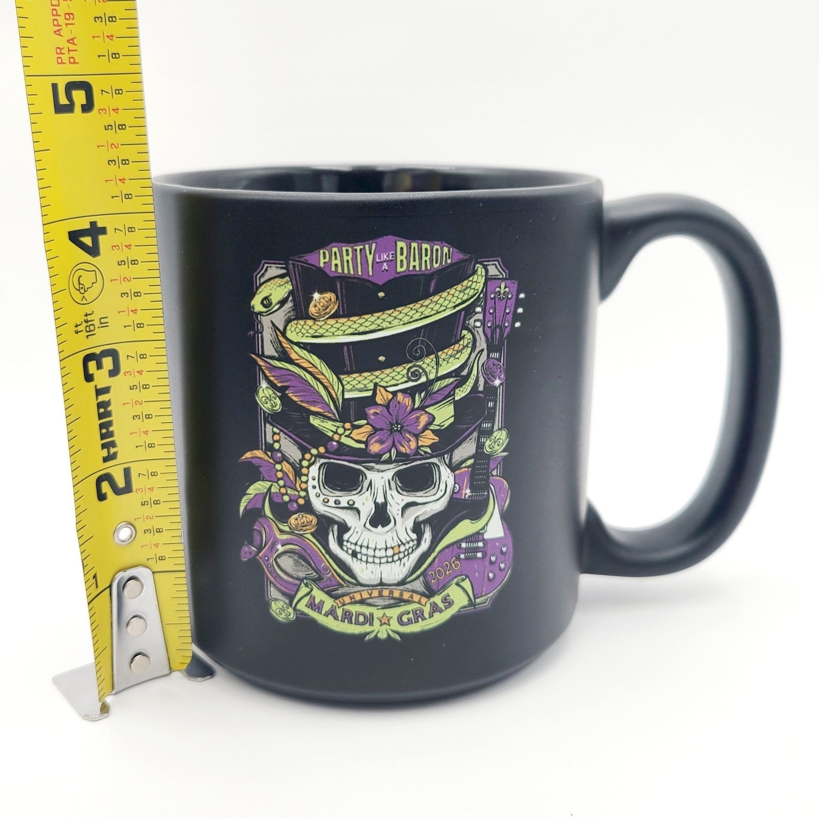 2026 Universal Studios Mardi Gras Coffee Black 4" Mug Party Like a Baron Orlando