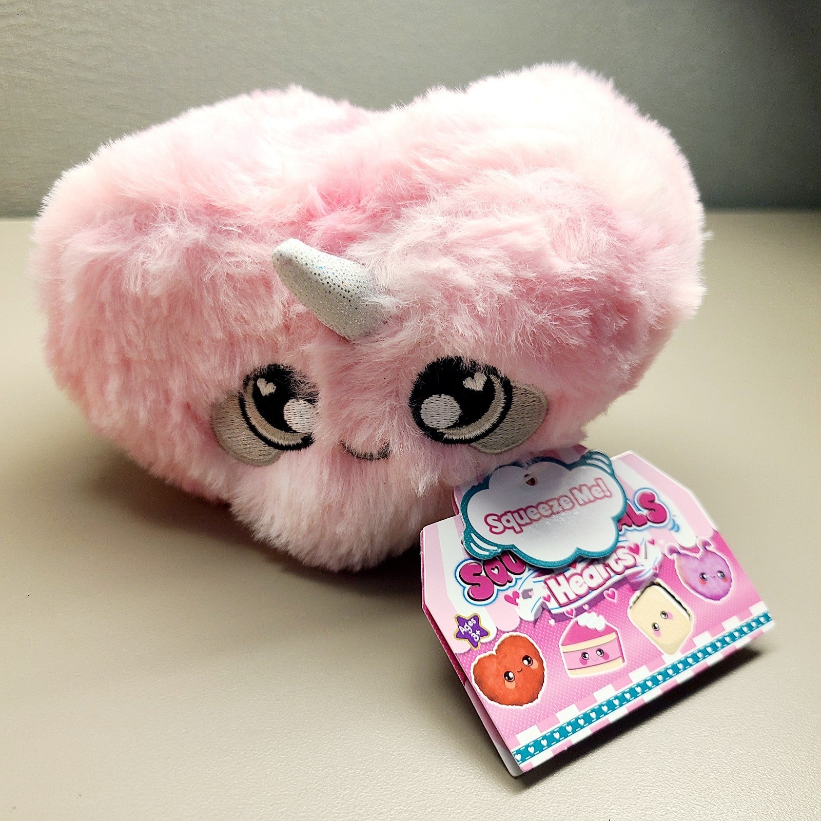 Squeezamals SET Heart Series Pink Furry Plush Unicorn Horn Red With Wings Stress