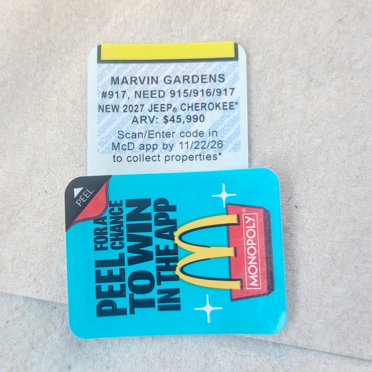 2026 McDonald's Monopoly Game Piece - Yellow Marvin Gardens #917 (UNREDEEMED)