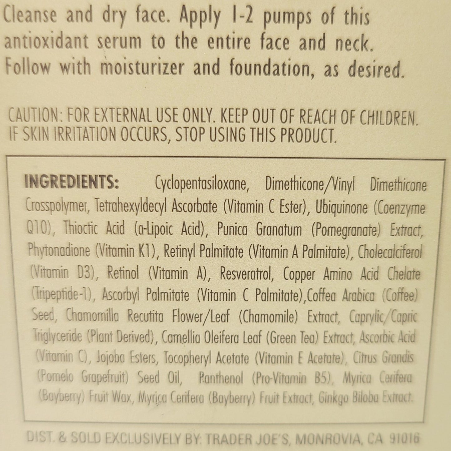 Trader Joe's Nourish Antioxidant Facial Serum, Hydrating Vitamin Formula 1 Fl Oz