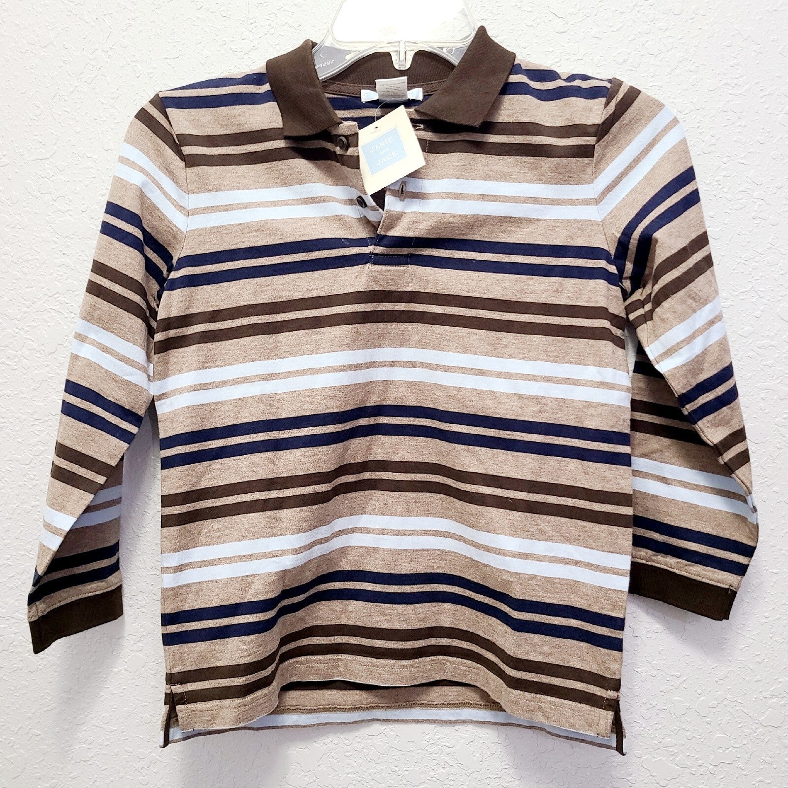 Size 6 Boys Janie & Jack Long Sleeve Brown Striped Collar Shirt NWT