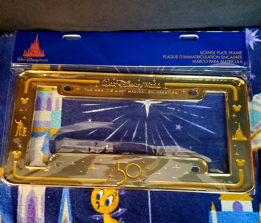 New Disney World Parks 50th Anniversary Gold Metal License Plate Cover 