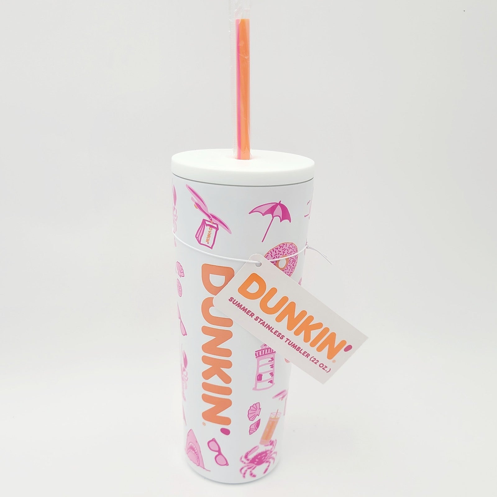 RARE Dunkin’ Donuts Coffee Summer 2026 TUMBLER White w/Straw Pink Crab Shark NWT