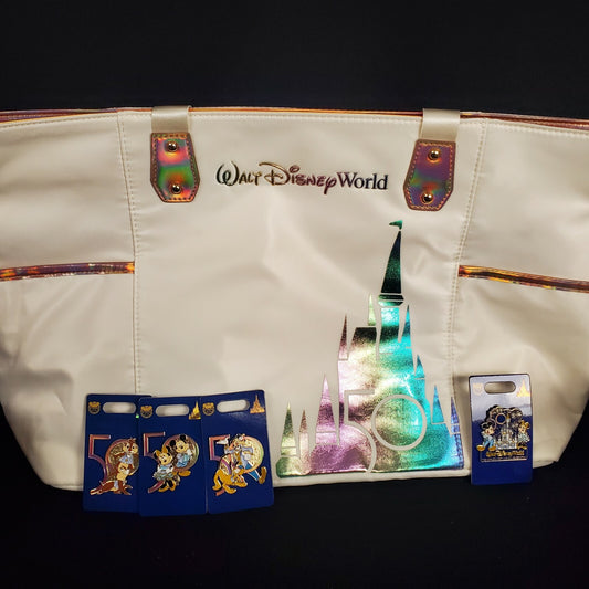 *Tote + 4 Pin Set* 2021 Walt Disney World Parks 50th Anniversary Castle Hand Bag