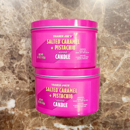 2 Pack CANDLE Trader Joe's Exclusive Salted Caramel and Pistachio Scented 5.7 oz