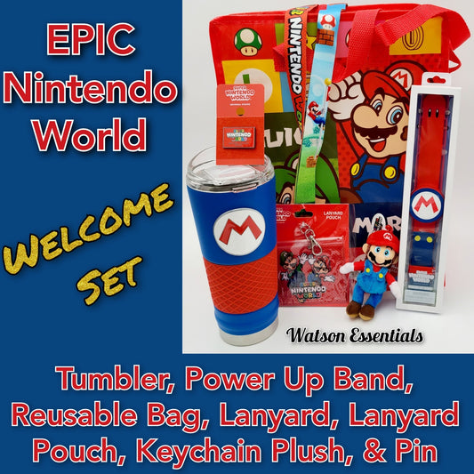 Mario Welcome Set EPIC Universe Super Nintendo World Tumbler Power Band Lanyard