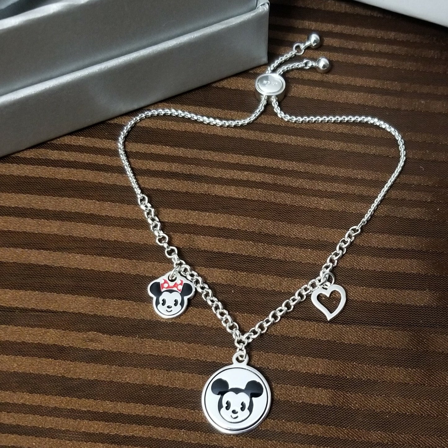 Disney Mickey & Minnie Mouse Charm Adjustable Bolo Bracelet Emoji-Style Heart