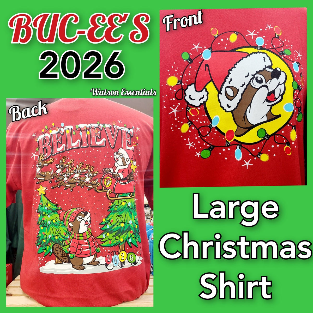 LARGE 2026 Buc-ee's Christmas Tree Shirt BELIEVE Bucees Beaver Reindeer Lights