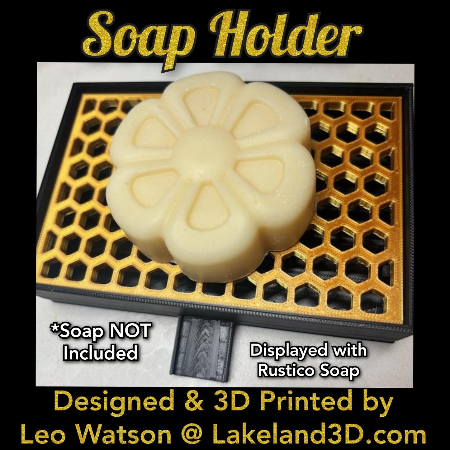 Soap Holder w/ Spout 3D Printed Black & Gold Decor Gift Decoration Lakeland3D
