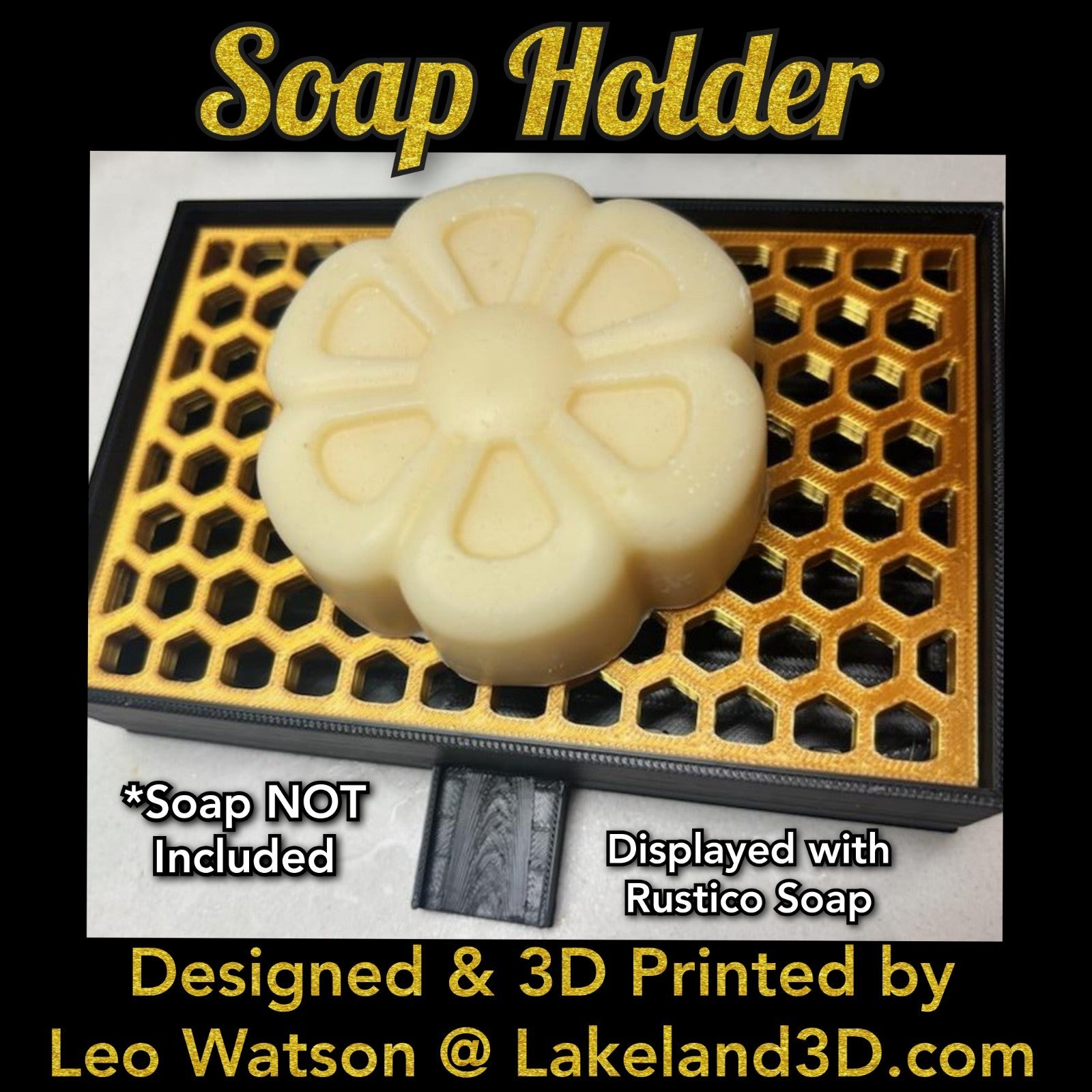 Soap Holder w/ Spout 3D Printed Black & Gold Decor Gift Decoration Lakeland3D