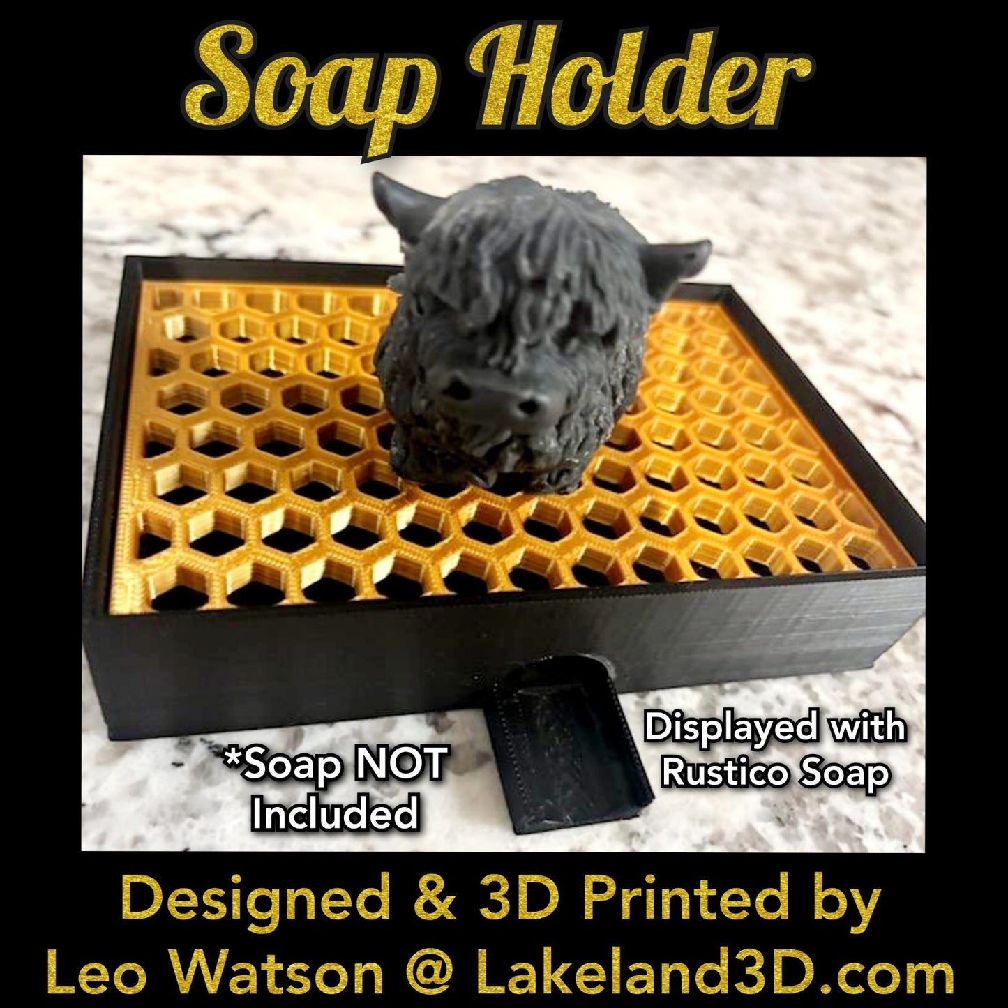 Soap Holder w/ Spout 3D Printed Black & Gold Decor Gift Decoration Lakeland3D