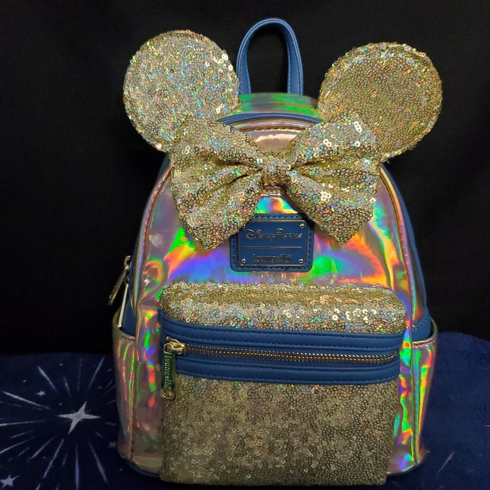 Disney Loungefly 50th Anniversary Minnie Gold Navy Iridescent Shimmer Backpack