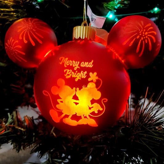 Disney Park Christmas Mickey Mouse Park Icons Red Glass Light Up Ornament Bauble