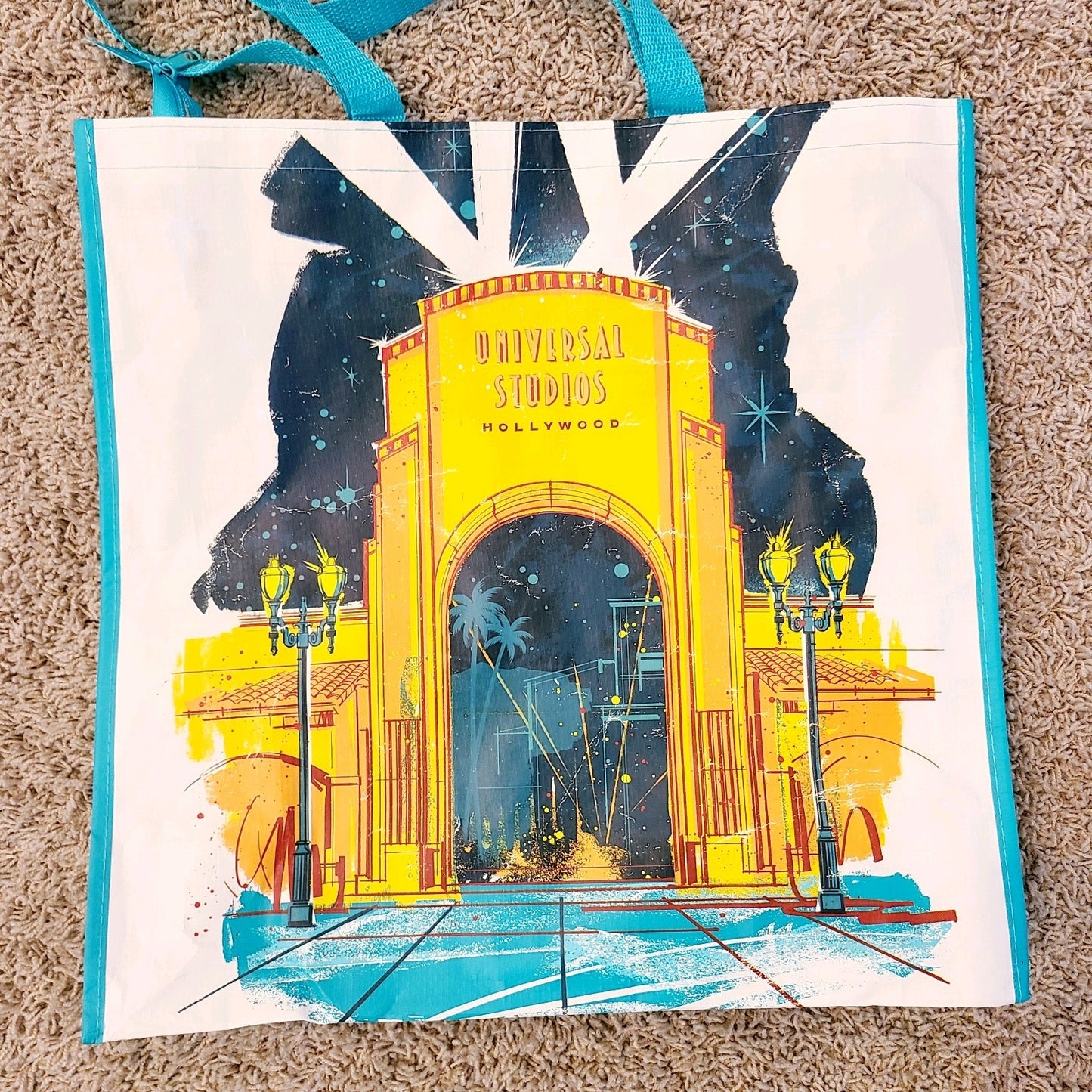 NEW Universal Studios Reusable Tote Teal Orlando & Hollywood with Zipper 17”
