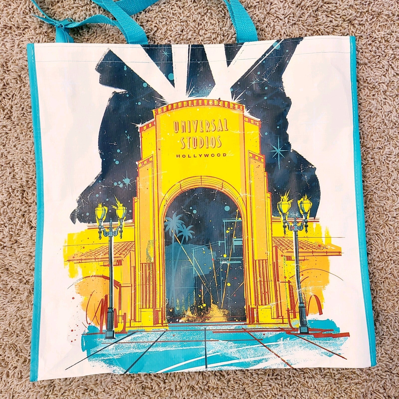 NEW Universal Studios Reusable Tote Teal Orlando & Hollywood with Zipper 17”