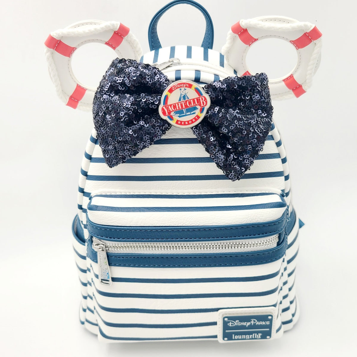 Disney Park Yacht Club Resort Minnie Mouse Sequin Bow Striped Loungefly Backpack