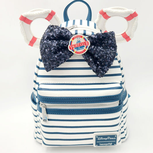 Disney Park Yacht Club Resort Minnie Mouse Sequin Bow Striped Loungefly Backpack