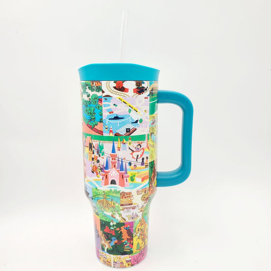 2026 Disney Parks Vintage Park Maps & Brochure Icons Steel 40 Oz Tumbler Handle