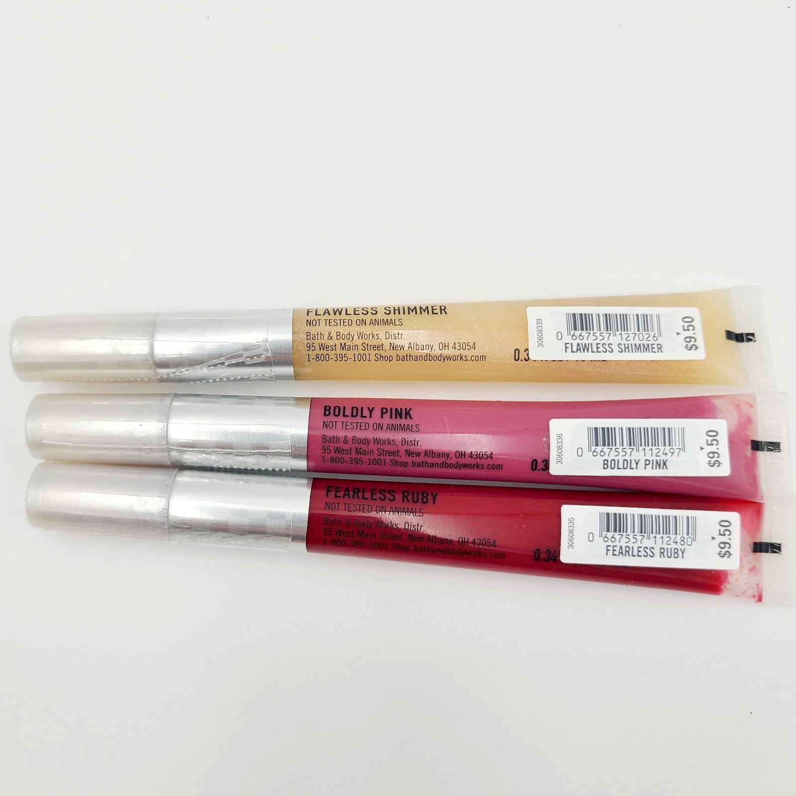 3 Bath & Body Works Lip Glossies Gloss Flawless Shimmer 0.34 oz Boldly Pink Ruby